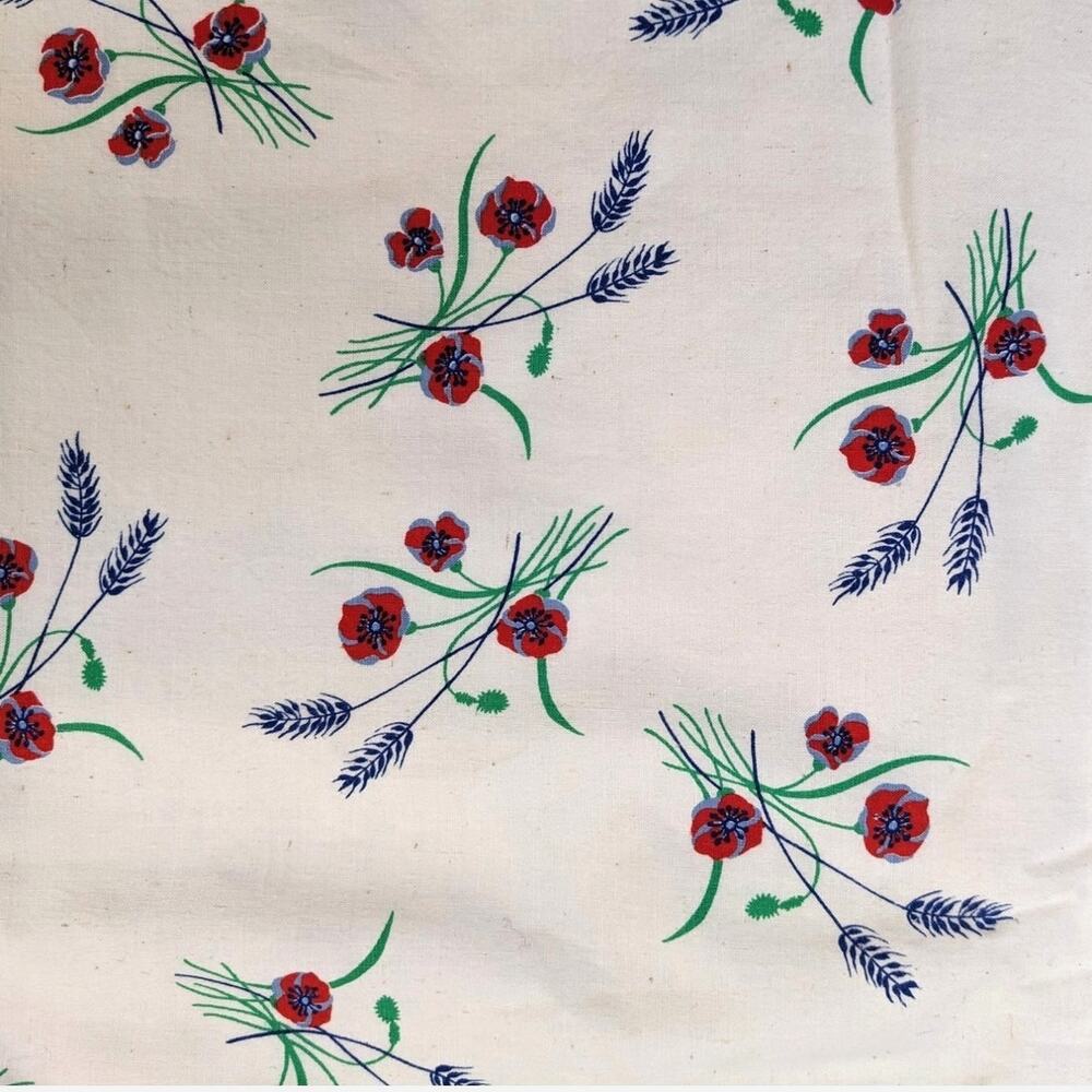 5 1/2 Yds Vintage 1960's Unbleached Speckled Muslin Cotton ~ Red Poppies & Grass
